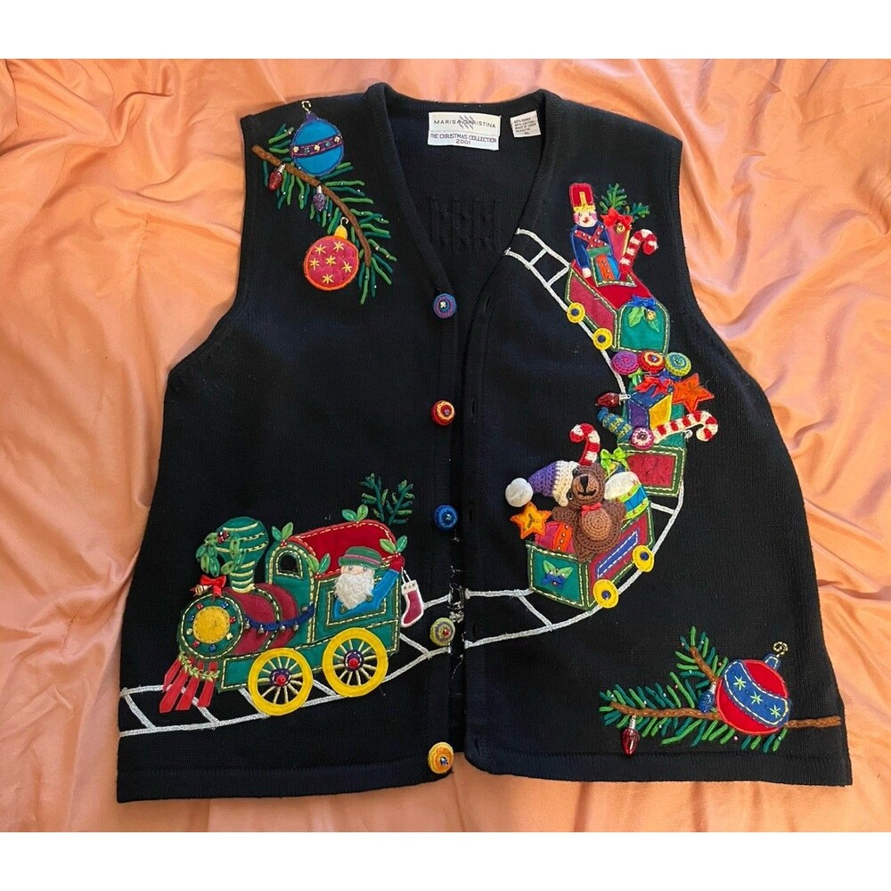 Vintage Marisa Christina Christmas Sweater Vest Santa Embroidered Womens XL